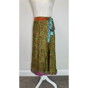 Darn Good Yarn Reversible Silk Wrap Sari Skirt Floral Fairy Ankle Length 4-12